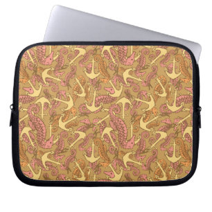 Sketchy Seahorse And Anchor Pattern Laptop Sleeve