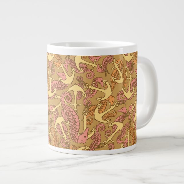 Sketchy Seahorse And Anchor Pattern Large Coffee Mug (Front Right)