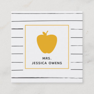 Sketchy Stripes Golden Yellow Apple Teacher Square Business Card