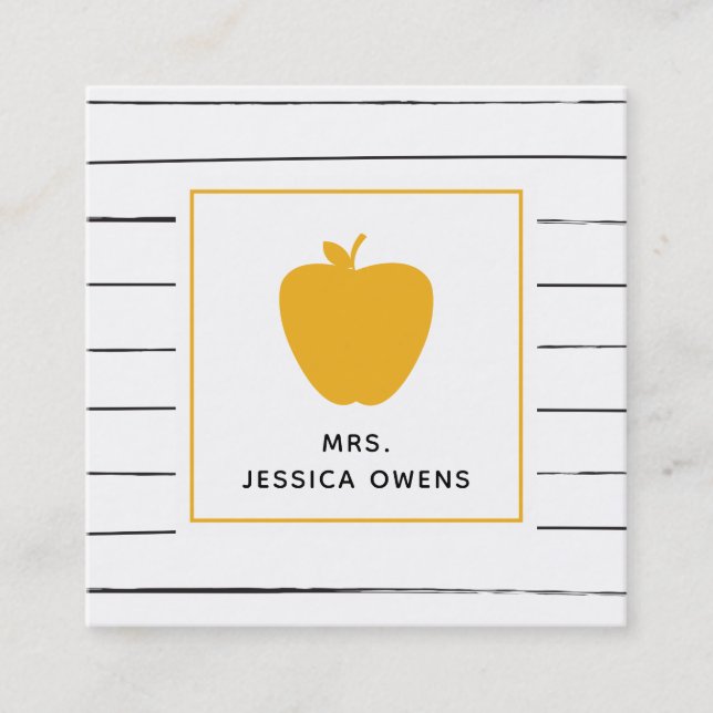 Sketchy Stripes Golden Yellow Apple Teacher Square Square Business Card (Front)