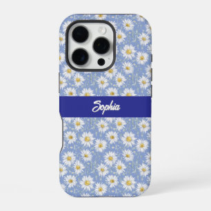 Sketchy White Daisies on Blue iPhone 16 Pro Case