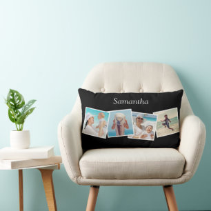 Skewed 4 Photo Collage Personalised Black Lumbar Cushion