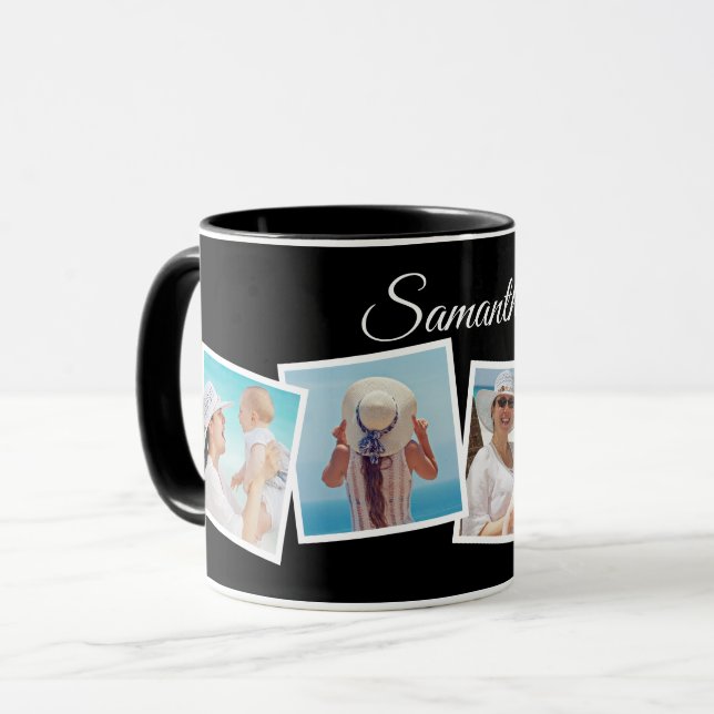 Skewed 4 Photo Collage Personalised Black Mug (Front Left)