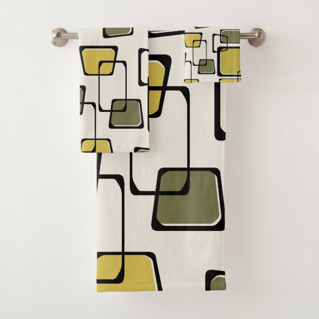 Skewed Squares Midcentury Pattern Chartreuse Bath Towel Set (Insitu)