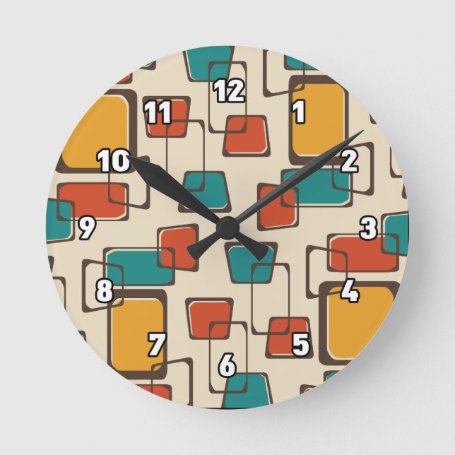 Skewed Squares Midcentury Pattern Round Clock (Front)