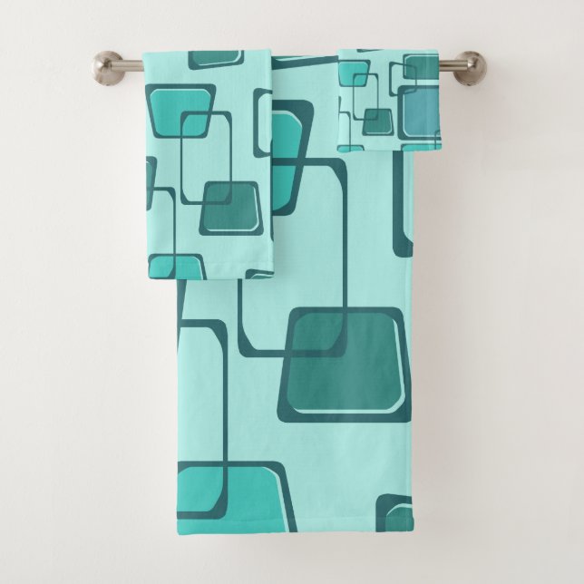 Skewed Squares Midcentury Turquoise Bath Towel Set (Insitu)