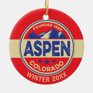 Ski Aspen Blue & Red  Ceramic Tree Decoration