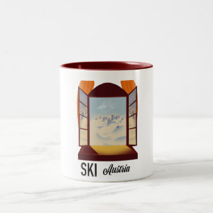 Ski Austria window travel poster. Two-Tone Coffee Mug