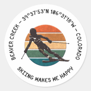 Ski Beaver Creek, Colorado - Lady Skier Black Text Classic Round Sticker