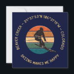 Ski Beaver Creek, Colorado - Man Skier Yellow Text Holiday Card<br><div class="desc">Exquisite composition of a man mountain or downhill skier against the background of the colourful circle. The text "BEAVER CREEK - 39°37'53"N 106°31'18"W - COLORADO, SKIING MAKES ME HAPPY" of golden-yellow colour goes around the image. A silhouette image of mountains and a spruce tree and the text "From Christopher" is...</div>