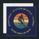 Ski Beaver Creek, Colorado - Man Skier Yellow Text Holiday Card<br><div class="desc">Exquisite composition of a man mountain or downhill skier against the background of the colourful circle. The text "BEAVER CREEK - 39°37'53"N 106°31'18"W - COLORADO, SKIING MAKES ME HAPPY" of golden-yellow colour goes around the image. A silhouette image of mountains and a spruce tree and the text "From Christopher" is...</div>