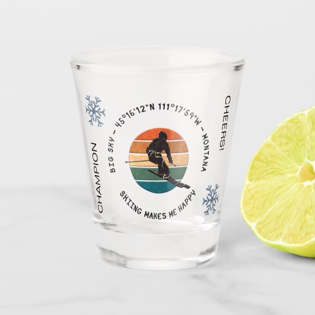 Ski Big Sky, Montana - Man Skier, Black Text Shot Glass (Front)