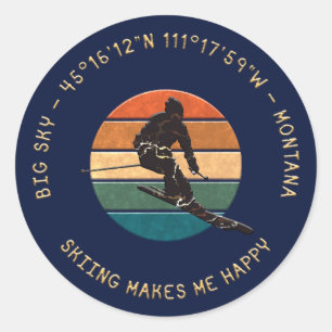 Ski Big Sky, Montana - Man Skier, Golden Text Classic Round Sticker