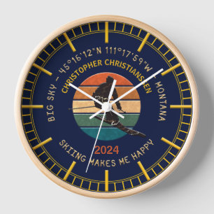 Ski Big Sky, Montana - Man Skier, Golden Text Clock