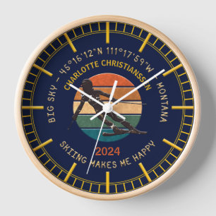 Ski Big Sky, Montana - Woman Skier, Yellow Text Clock