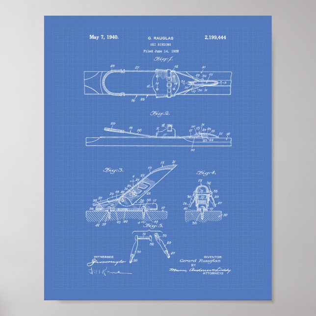 Ski Binding 1940 Patent Art - Blueprint Poster (Front)