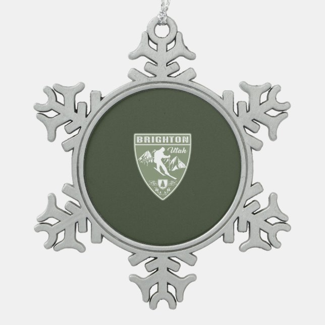 Ski Brighton Utah Snowflake Pewter Christmas Ornament (Front)