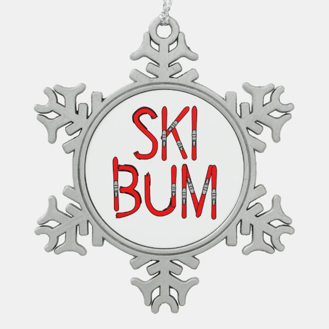 Ski Bum Skis Snowflake Pewter Christmas Ornament (Front)