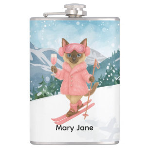 Ski Cat is skiing in Pink Bachelorette Party  Hip Flask