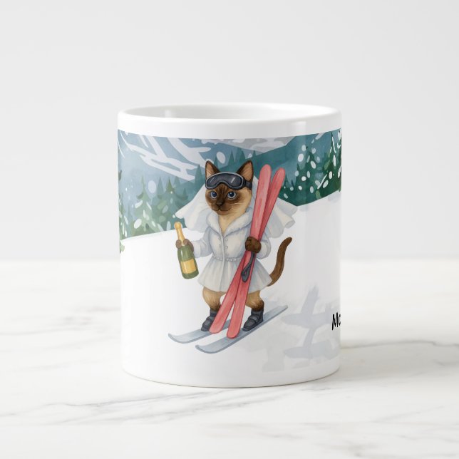 Ski Cat is skiing in Pink Bachelorette Party  Large Coffee Mug (Front)