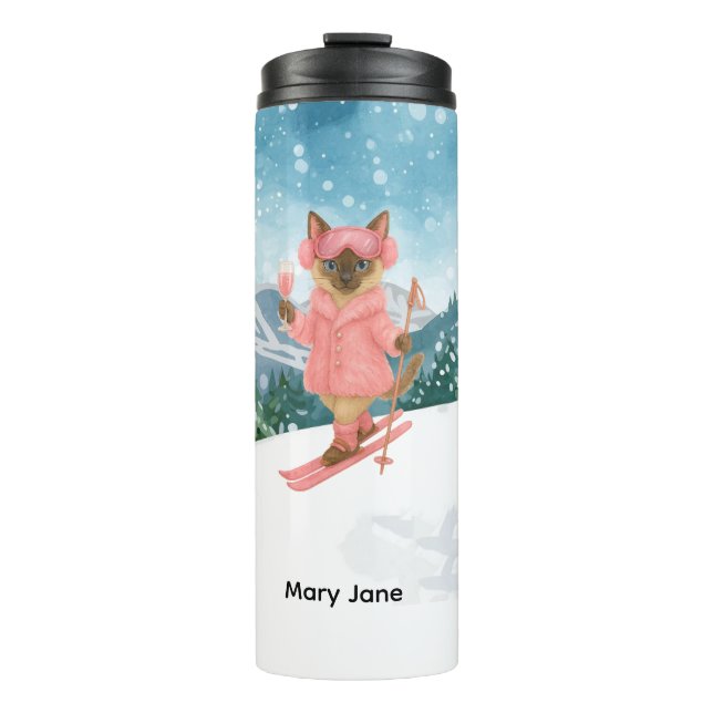 Ski Cat is skiing in Pink Bachelorette Party  Thermal Tumbler (Front)