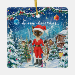 Ski Christmas for Santa Siamese Cat Lovers Snowy  Ceramic Ornament