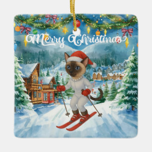Ski Christmas for Santa Siamese Cat Lovers Snowy Ceramic Ornament