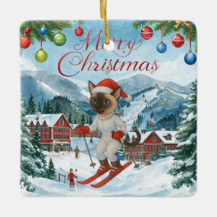 Ski Christmas for Santa Siamese Cat Lovers Snowy Ceramic Ornament