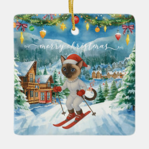 Ski Christmas for Santa Siamese Cat Lovers Snowy  Ceramic Ornament