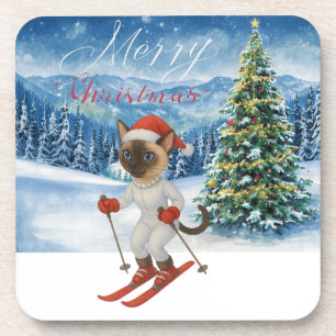 Ski Christmas for Santa Siamese Cat Lovers Snowy  Coaster
