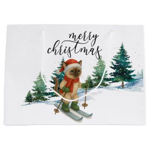 Ski Christmas for Santa Siamese Cat Lovers Snowy  Large Gift Bag