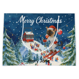 Ski Christmas for Santa Siamese Cat Lovers Snowy  Large Gift Bag