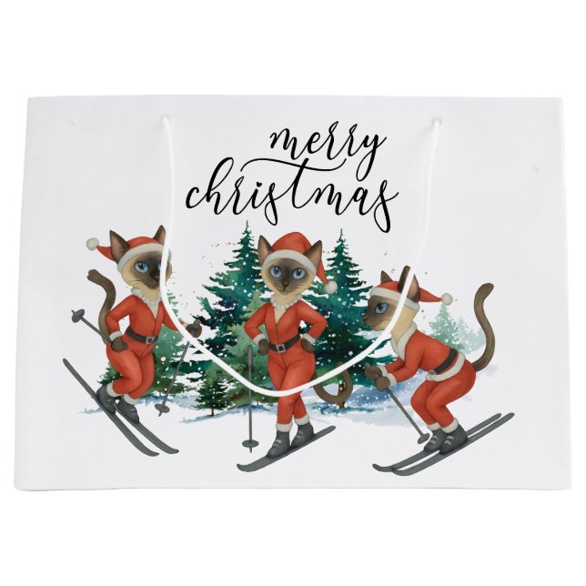 Ski Christmas for Santa Siamese Cat Lovers Snowy  Large Gift Bag (Front)