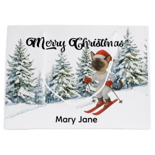 Ski Christmas for Santa Siamese Cat Lovers Snowy  Large Gift Bag