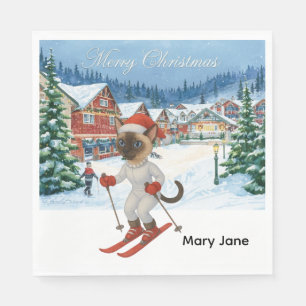 Ski Christmas for Santa Siamese Cat Lovers Snowy Napkin