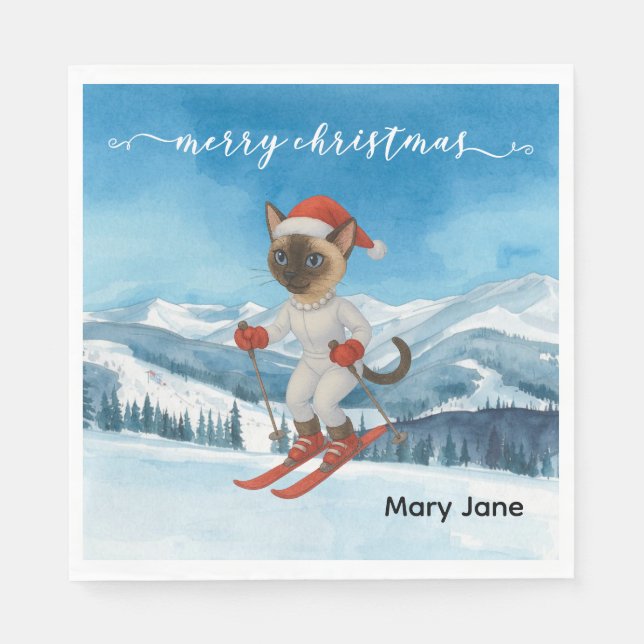 Ski Christmas for Santa Siamese Cat Lovers Snowy  Napkin (Front)