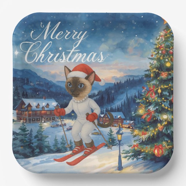 Ski Christmas for Santa Siamese Cat Lovers Snowy  Paper Plate (Front)