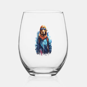 Ski Dog in Ski Googles 5 Stemless Wine Glass