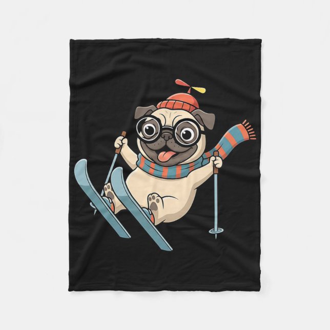 Ski Dog Winter Pug On Slopes Funny Snow Adventure  Fleece Blanket (Front)