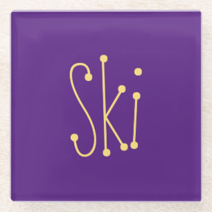 SKI Festive Whimsical Text Royal Purple Background Glass Coaster