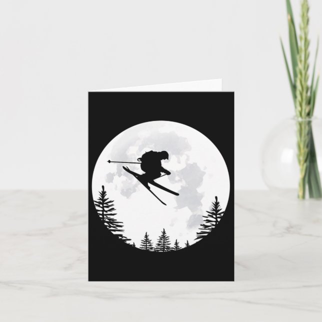 Ski - Flying Jumping Skier Over The Moon  Card (Front)