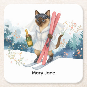 Ski for Bachelorette Party Siamese cat lovers  Square Paper Coaster