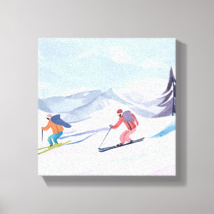 Ski Friends Beautiful Watercolor Ski Mountain Canvas Print