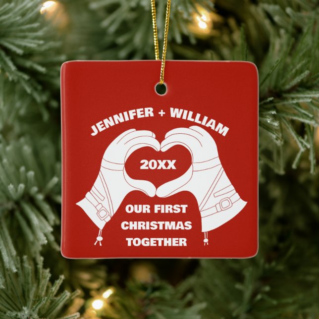 Ski Gloves Hands Heart Shape Personalised Ceramic Ornament (Tree)
