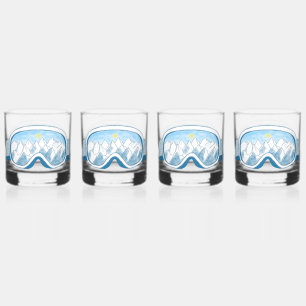 Ski Goggles Mountain Reflection Sky Blue Set 4 Whiskey Glass