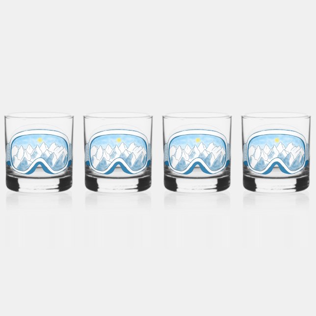 Ski Goggles Mountain Reflection Sky Blue Set 4 Whiskey Glass (Front)