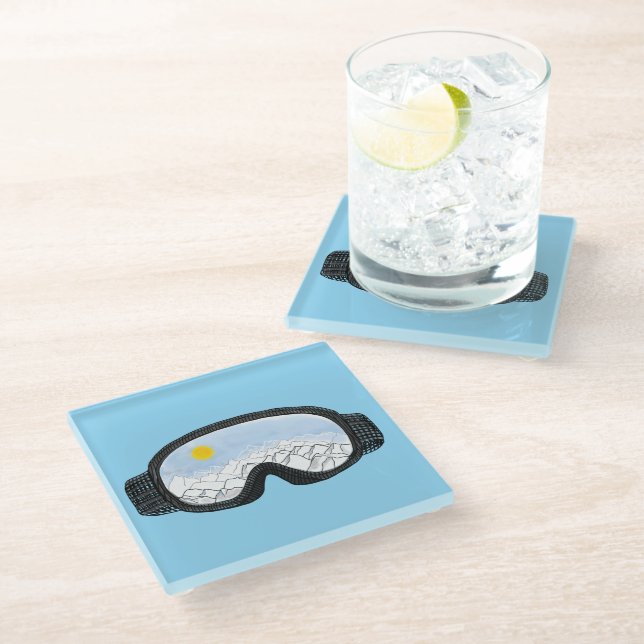 Ski Goggles Mountain View Illustration Light Blue Glass Coaster (Angled)