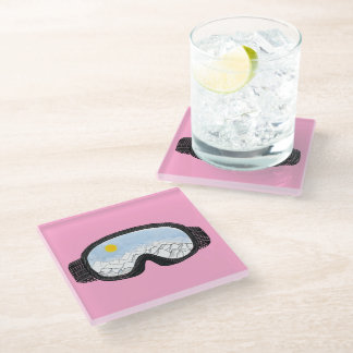 Ski Goggles Mountain View Illustration Pink Glass Coaster