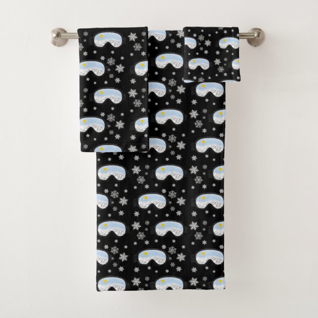 Ski Goggles Mountain View Snowflakes Black Bath Towel Set (Insitu)