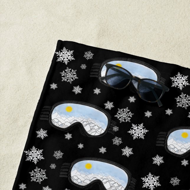 Ski Goggles Mountain View Snowflakes Black  Beach Towel (In Situ)
